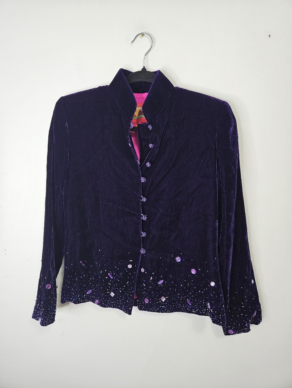 Shanghai Tang Mandarin Velvet Jacket Women's Sz 6 Purple Embellished Evening